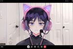  1boy animal_ear_headphones animal_ears artist_name black_shirt blue_eyes blue_hair cat_ear_headphones closed_mouth fake_animal_ears genshin_impact headphones highres looking_at_viewer lounette male_focus meme microphone sad_linus_(meme) scaramouche_(genshin_impact) shirt short_hair signature solo video_call 