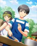  2boys akiyama_hayato apron backwards_hat bandaid bandaid_on_face bandaid_on_nose black_eyes black_hair black_headwear blue_apron blue_sky cloud fingernails fuyumi_jun grey_hair hair_between_eyes hat idolmaster idolmaster_side-m idolmaster_side-m_growing_stars kitchen_knife multiple_boys official_art onion open_mouth outdoors short_sleeves sky sweatdrop third-party_source tree upper_body 