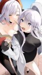  2girls azur_lane belfast_(azur_lane) belfast_(shopping_with_the_head_maid)_(azur_lane) breasts enterprise_(azur_lane) enterprise_(bon_voyage)_(azur_lane) food grey_hair hand_on_another&#039;s_shoulder hat highres hoerutarou jacket large_breasts multiple_girls official_alternate_costume pocky white_hair 