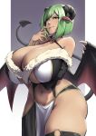  1girl arm_under_breasts bare_shoulders black_horns breasts cleavage commission curvy demon_girl demon_horns demon_tail demon_wings green_eyes green_hair highres horns huge_breasts navel original packge red_horns reimatrael_(darklight) short_hair solo tail thick_thighs thighs wide_hips wings 