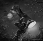  2022 alice_the_vixen black_nose boots canid canine clothed clothing coat dark female footwear forest fox fully_clothed gloves glowing glowing_eyes greyscale handwear hi_res human_pov lights looking_at_viewer looking_down mammal mask monochrome moon night open_mouth plant predator/prey rashirman smile snow solo tiny_bunny topwear tree video_games white_eyes winter winter_coat 
