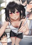  1boy 1girl absurdres black_hair black_ribbon black_shorts blurry blurry_background blush breasts cleavage drawing_on_another&#039;s_face fang hair_ribbon highres holding holding_pen kaku_yone looking_at_viewer medium_breasts original pen red_eyes ribbon shorts skin_fang sleeping thighs zzz 
