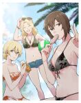  3girls alternate_costume beach beach_volleyball bikini bikini_under_clothes black_bikini blonde_hair braid brown_hair camouflage camouflage_bikini cloud cloudy_sky commentary_request darjeeling_(girls_und_panzer) denim denim_shorts flower_bikini food girls_und_panzer green_bikini iced_tea jewelry kay_(girls_und_panzer) long_hair multiple_girls necklace nishizumi_maho orange_bikini palm_tree popsicle popsicle_stick short_hair shorts sky sunglasses swimsuit tree v wristband yuuhi_(arcadia) 