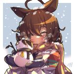  1girl agnes_tachyon_(umamusume) ahoge animal_ears brown_hair closed_eyes closed_mouth earrings hair_between_eyes highres holding horse_ears horse_girl jewelry mittens outdoors scarf signature single_earring smile snowman solo umamusume upper_body woruta_(soloistlist) 