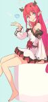  :p barefoot heterochromia highres hololive hololive_english horns irys_(hololive) long_sleeves looking_at_viewer multicolored_hair pako_(pakosun) pointy_ears red_hair sitting skirt tongue tongue_out 