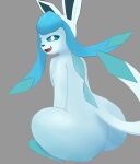  ambiguous_gender blue_body butt canid canine digital_media_(artwork) eeveelution feral generation_4_pokemon glaceon hi_res looking_at_viewer mammal nintendo open_mouth pokemon pokemon_(species) simple_background smile solo swoomy tongue video_games 