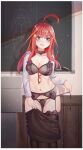  1girl :q ahoge ass_visible_through_thighs bangs blue_eyes border bra breasts brown_pantyhose brown_skirt chalkboard choker classroom cleavage closed_mouth clothes_pull collarbone covered_navel eyewear_removed feet_out_of_frame garter_belt garter_straps glasses go-toubun_no_hanayome groin hair_between_eyes hair_ornament highres huge_ahoge indoors licking_lips lingerie long_sleeves looking_at_viewer lying medium_breasts nakano_itsuki navel off_shoulder on_stomach open_clothes open_shirt panties pantyhose pantyhose_pull pulled_by_self red_hair seductive_smile see-through shiny shiny_hair shirt side-tie_panties skirt skirt_pull smile solo standing star_(symbol) star_hair_ornament tongue tongue_out underwear undressing white_border white_shirt zhuchuanxi 