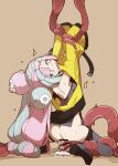  1girl ass blue_hair coat cum cum_in_pussy cumdrip highres iono_(pokemon) long_hair magnemite nns_(sobchan) pink_eyes pink_hair pokemon pokemon_(game) pokemon_sv restrained sharp_teeth tearing_up teeth tentacle_sex tentacles thighhighs twintails yellow_coat 