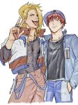  2boys blonde_hair blue_eyes blue_jacket brown_eyes clothes_writing deidara_(naruto) earrings fishnets hand_in_pocket hand_mouth highres jacket jewelry long_hair multiple_boys naruto_(series) necklace open_mouth ponytail red_hair ring rkgknno sasori_(naruto) short_hair signature smile tongue tongue_out v white_background 