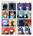 2others 6+girls amiya_(arknights) animal_ears arknights blue_hair ch&#039;en_(arknights) doctor_(arknights) explosion exusiai_(arknights) food green_hair grey_hair halo highres horns long_hair low_twintails multiple_girls multiple_others pocky red_eyes red_hair short_hair single_horn smoke surprised sword tails_gets_trolled texas_(arknights) twintails upper_body vento very_long_hair w_(arknights) weapon wide-eyed wolf_ears 