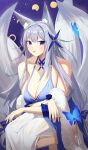  1girl absurdres animal_ear_fluff animal_ears azur_lane blue_butterfly blue_collar blue_dress breasts bug butterfly cleavage collar dress evening_gown feather_boa fox_ears grey_tail halter_dress halterneck highres huge_breasts kitsune kyuubi large_tail looking_at_viewer mm_(mhm2592) moon_phases multiple_tails official_alternate_costume purple_eyes sagging_breasts shinano_(azur_lane) shinano_(dreams_of_the_hazy_moon)_(azur_lane) sleeveless sleeveless_dress solo tail wrist_flower 