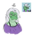  anthro apolonoise clothed clothing crocodile crocodilian crocodylid hair larry_(apolonoise) male open_clothing open_shirt open_topwear reptile scalie shirt solo teeth_showing tired_eyes topwear white_hair 