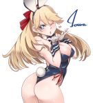  1girl adapted_costume alternate_costume animal_ears ass blonde_hair blowing_kiss blue_bow blue_bowtie blue_eyes blue_leotard bow bowtie breasts cleavage commentary_request cowboy_shot detached_collar gloves half_gloves iowa_(kancolle) kantai_collection large_breasts leotard long_hair looking_at_viewer one-piece_thong one_eye_closed playboy_bunny rabbit_ears rabbit_tail simple_background solo star-shaped_pupils star_(symbol) strapless strapless_leotard symbol-shaped_pupils tail udukikosuke white_background white_gloves wrist_cuffs 