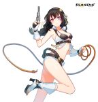 1girl arm_up armpits bai_winchester bare_shoulders belt bikini black_bikini black_hair boots braid breasts cleavage closers collared_shirt crop_top finger_on_trigger fingerless_gloves floating_hair framed_breasts gloves gun hairband handgun heterochromia highres holding holding_gun holding_lasso holding_weapon lasso leg_up long_hair looking_at_viewer loose_belt medium_breasts micro_shorts midriff multiple_belts navel official_art pink_eyes purple_eyes revealing_clothes revolver shirt shorts single_braid sleeveless sleeveless_shirt solo stomach string_bikini swimsuit thighs v-shaped_eyebrows weapon white_footwear white_gloves white_shirt white_shorts 
