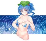  1girl areola_slip bangs bikini blue_bikini blush bottomless breasts commentary_request fairyfloss flat_cap green_headwear hair_bobbles hair_ornament hat kawashiro_nitori looking_at_viewer medium_breasts navel out-of-frame_censoring short_hair solo stomach swimsuit touhou two_side_up 