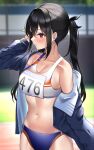  1girl absurdres arm_up bangs bare_shoulders black_hair blurry blurry_background breasts buruma cleavage collarbone depth_of_field from_side hair_between_eyes hair_tie hair_tie_in_mouth highres jacket kaku_yone large_breasts long_hair medium_breasts mouth_hold navel open_clothes original outdoors red_eyes single_bare_shoulder solo sports_bra standing stomach sweat thighs track_and_field track_jacket twintails 