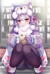  1girl animal_hands bangs blush breasts earrings fate/grand_order fate_(series) food gloves hair_ribbon highres jewelry kama_(dream_portrait)_(fate) kama_(fate) looking_at_viewer multicolored_sweater paw_gloves purple_scarf red_eyes ribbon scarf short_hair small_breasts solo squatting taka-kun thighs white_hair wolf_hood 