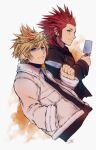  2boys alternate_costume axel_(kingdom_hearts) black_coat black_sweater blonde_hair blue_eyes casual coat facial_mark green_eyes grey_coat hair_between_eyes hair_slicked_back hand_in_pocket holding_ice_cream ice_cream_bar kingdom_hearts kingdom_hearts_ii long_sleeves looking_at_viewer male_focus medium_hair mim_(mimya0600) multiple_boys red_hair roxas short_hair sideburns signature smile spiked_hair sweater turtleneck turtleneck_sweater upper_body white_background 