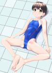  1girl absurdres black_hair blue_one-piece_swimsuit breasts cameltoe commentary_request competition_swimsuit covered_navel highres lying multicolored_clothes multicolored_swimsuit one-piece_swimsuit original parted_lips short_hair small_breasts smile solo split spread_legs stretching swimsuit takafumi tile_floor tiles yellow_eyes 
