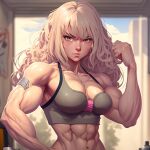  abs ai-generated artist_request biceps blonde_hair breasts cleavage_cutout clothing_cutout collarbone curly_hair deltoids forearms grey_sports_bra large_breasts looking_at_viewer muscular muscular_female original oversized_forearms oversized_limbs pale_skin pimple sports_bra v-shaped_eyebrows 