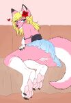  &lt;3 absurd_res accessory anthro blep blonde_hair blue_eyes blush bottomwear breasts canid canine canis clothing dragon female flower flower_in_hair fur furniture genitals hair hair_accessory hi_res hindpaw hybrid kina_heijima looking_at_viewer mammal paws pink_body pink_fur plant pussy roketchu shirt skirt sofa solo tongue tongue_out topwear wolf 