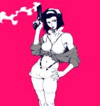  1girl bangs bare_shoulders bob_cut breasts cleavage collared_vest cowboy_bebop cowboy_shot faye_valentine gun hairband hand_on_hip handgun highres holding holding_gun holding_weapon large_breasts looking_at_viewer midriff navel off-shoulder_shirt off_shoulder parted_bangs parted_lips pink_background shirt short_hair short_shorts shorts skindentation sleeves_rolled_up solo spot_color suspenders vest weapon zelus 