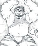  2022 anthro armpit_hair arms_above_head beard belly black_and_white blush body_hair bottomwear bulge canid canine canis clothed clothing elbow_tuft facial_hair flustered fur hair hi_res lying male mammal merfiller monochrome musclegut muscular muscular_anthro muscular_male navel nipples on_back raised_clothing raised_shirt raised_tank_top raised_topwear shirt shorts snaggle_tooth solo striped_body striped_fur stripes tank_top thick_thighs topwear wolf 