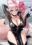  1girl animal_ear_fluff animal_ears artist_name bangs bed_sheet bedroom black_choker blurry blurry_background breasts choker cleavage clenched_teeth collarbone english_commentary fate/grand_order fate_(series) fox_ears fox_girl fox_tail glasses highres huge_breasts koyanskaya_(assassin)_(first_ascension)_(fate) koyanskaya_(fate) long_hair looking_at_viewer one_side_up patreon_logo patreon_username picture_frame pink_hair pink_tail plant revealing_clothes ryuuneart side_ponytail signature smile solo tail tamamo_(fate) teeth thighs twitter_username yellow_eyes 