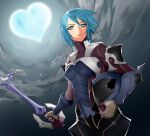  1girl absurdres aqua_(kingdom_hearts) aqua_eyes armor bangs blue_hair breasts closed_mouth cloud cloudy_sky cowboy_shot dirty dirty_face gloves headwear_removed helmet helmet_removed highres holding holding_helmet holding_weapon keyblade kingdom_hearts looking_ahead medium_breasts medium_hair night night_sky outdoors sky solo swept_bangs weapon zelus 