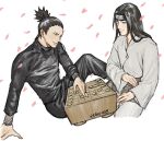  2boys bangs black_hair black_skirt board_game byakugan cherry_blossoms highres holding hyuuga_neji long_hair medium_hair multiple_boys nara_shikamaru naruto_(series) petals playing_games ponytail rkgknno robe shogi shogi_piece simple_background sitting skirt white_robe 