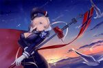  1girl azur_lane bird bismarck_(azur_lane) bismarck_(coat_of_arms) black_headwear black_jacket black_skirt blonde_hair blue_eyes breasts cape cleavage cloud cross dutch_angle flag from_below fur-trimmed_cape fur_trim gloves hat highres holding holding_flag iron_cross jacket large_breasts long_hair long_sleeves looking_at_viewer military military_uniform ocean peaked_cap shigma skirt solo sunset uniform white_bird white_gloves 