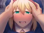  1girl artoria_caster_(fate) artoria_pendragon_(fate) blue_cape blurry blush cape collared_shirt command_spell commentary_request depth_of_field fate/grand_order fate_(series) green_eyes hair_between_eyes hands_on_another&#039;s_head hat highres looking_at_viewer open_mouth shirt sidelocks solo sweat teeth tongue varbecrank wavy_mouth white_shirt 