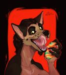  2016 anthro artist_logo black_body black_fur bust_portrait canid cheek_tuft chest_tuft dated facial_tuft fangs fur glistening glistening_eyes hi_res licking licking_lips licking_own_lips logo looking_at_viewer male mammal narrowed_eyes nude open_mouth pink_tongue portrait riorix self_lick simple_background solo tan_body tan_fur tongue tongue_out tuft yellow_eyes 