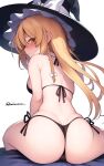  1girl ass ass_focus back bare_arms bare_shoulders bikini black_bikini blonde_hair blush bow braid breasts closed_mouth commentary_request embarrassed from_behind hakunetsu_denkyu~ halterneck hat hat_bow highres kirisame_marisa leaning_forward long_hair looking_at_viewer medium_breasts side-tie_bikini_bottom side_braid single_braid sitting skindentation solo string_bikini sweatdrop swimsuit touhou twitter_username white_bow witch_hat yellow_eyes 