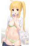  1girl :d ai-assisted blonde_hair blue_skirt bocchi_the_rock! bra breasts clothes_pull commentary_request finger_to_mouth green_bra green_panties highres ijichi_nijika long_hair looking_at_viewer medium_breasts mocchisake navel open_clothes open_mouth open_shirt panties red_eyes shirt short_sleeves side_ponytail skirt skirt_pull smile solo stomach thighs underwear white_shirt 