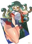  adjusting_eyewear bare_legs black-framed_eyewear blurry blurry_background bow bowtie breasts clenched_hands glasses green_hair highres holding holding_clothes holding_skirt jakoo07 legs_together medium_breasts miniskirt original red_bow red_bowtie red_tie shirt skirt snake_hair thick_thighs thighs tight tight_shirt yellow_eyes 