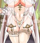  1girl breast_curtains breasts cape close-up head_out_of_frame huge_breasts kanikama long_sleeves navel nijisanji nui_sociere official_alternate_costume revealing_clothes solo sweat thighhighs thighs underboob virtual_youtuber white_veil 