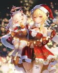  2girls ^_^ ^o^ absurdres adelie_cat animal_ears bangs bare_shoulders black_footwear blonde_hair blurry blurry_background bokeh boots bow bowtie breasts cape christmas christmas_lights cleavage closed_eyes cloud collar commentary cowboy_shot criss-cross_halter depth_of_field detached_collar dress english_commentary english_text feather_hair_ornament feathers flower food fur-trimmed_boots fur-trimmed_cape fur-trimmed_dress fur-trimmed_shorts fur_collar fur_trim garter_straps genshin_impact gloves green_bow green_bowtie hair_between_eyes hair_flower hair_ornament hairclip halo halter_dress halterneck hands_up happy hat hat_ornament highres holding holding_food kemonomimi_mode long_hair long_sleeves looking_at_viewer lumine_(genshin_impact) medium_breasts merry_christmas multiple_girls open_mouth paimon_(genshin_impact) pom_pom_(clothes) red_cape red_dress red_shorts santa_costume santa_dress santa_hat short_hair_with_long_locks short_shorts shorts sidelocks sitting sitting_on_person sleeveless sleeveless_dress smile snowflakes standing star_(symbol) teeth thighhighs thighs two-tone_bow upper_teeth_only white_collar white_garter_straps white_hair white_thighhighs winter_clothes yellow_eyes zettai_ryouiki 