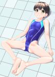  1girl absurdres black_hair breasts cameltoe commentary_request competition_swimsuit covered_navel highres lying multicolored_clothes multicolored_swimsuit one-piece_swimsuit original parted_lips purple_one-piece_swimsuit short_hair small_breasts smile solo spread_legs stretching swimsuit takafumi tile_floor tiles yellow_eyes 