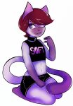  anthro bottomwear brown_hair clothing collar crop_top ears_up fur hair hi_res hotpants looking_away male one_eye_closed purple_body purple_fur shirt shorts sitting solo text text_on_clothing tiredfizz tongue topwear valery_funika wink 