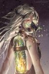  1girl ashes blue_flower closed_eyes flower from_behind gas_mask highres leaf long_hair mask motion_blur original oxygen_tank plant turning_head white_flower white_hair yuumei 