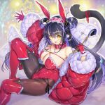  1girl :d animal_ears bangs bare_shoulders black_hair black_pantyhose boots breasts cleavage collar fang gloves hairband highres indie_virtual_youtuber kiyama_satoshi kuroike_momimi large_breasts long_hair looking_at_viewer open_mouth pantyhose playboy_bunny purple_hair red_gloves sitting slit_pupils smile solo tail thigh_boots two_side_up virtual_youtuber yellow_eyes 