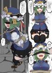  !? 1girl absurdres arms_behind_back asyura_kumo black_blindfold black_thighhighs blindfold blue_eyes bound bound_arms breasts dungeon green_hair hat highres iron_bars kneeling leash medium_breasts pleated_skirt restrained rope shiki_eiki skirt thighhighs touhou 