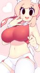  1girl :d animal_ear_fluff animal_ears bare_shoulders blonde_hair breasts crop_top fiz_(fizintine) fizintine hand_to_own_mouth heart highres large_breasts looking_at_viewer midriff navel no_pupils open_mouth original short_shorts shorts sleeveless smile solo thighhighs white_shorts white_thighhighs wrist_cuffs 
