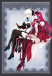  2girls black_bow black_dress blonde_hair bow braid center_opening closed_eyes clothing_cutout crossed_legs dress fairy_knight_tristan_(fate) fate/grand_order fate_(series) french_braid grey_eyes high_heels highres kawairuka_ko long_hair morgan_le_fay_(fate) multiple_girls pink_hair pointy_ears red_dress stomach_cutout tiara two-tone_dress 