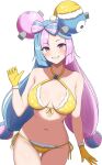  1girl absurdres bikini blue_hair breasts front-tie_bikini_top front-tie_top gloves gradient_eyes grin groin hair_ornament hand_up highres iono_(pokemon) light_blue_hair long_hair magnemite medium_breasts multicolored_eyes multicolored_hair navel pink_hair pokemon pokemon_(game) pokemon_sv purple_eyes sharp_teeth side-tie_bikini_bottom simple_background smile solo split-color_hair standing stomach surippa1010 swimsuit teeth thigh_gap two-tone_hair very_long_hair white_background yellow_bikini yellow_eyes yellow_gloves 