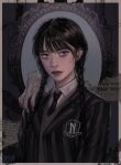  1girl addams_family bangs black_eyes black_hair black_necktie blunt_bangs braid collared_shirt highres looking_at_viewer necktie pinstripe_jacket pinstripe_pattern rangrarii school_uniform shirt solo striped sweater_vest twin_braids wednesday_(netflix) wednesday_addams white_shirt 