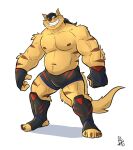 2022 absurd_res anthro biceps bottomwear chance_furlong clothed clothing elbow_tuft feet felid feline fingerless_gloves gloves grin handwear hanna-barbera hi_res knee_pads male mammal manly mask musclegut muscular navel obenpanda pecs shorts shorts_only shoulder_tuft simple_background slightly_chubby smile solo standing striped_body stripes swat_kats topless triceps tuft white_background wrestling_outfit 