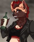  absurd_res alcohol anthro beverage big_breasts breasts brown_body canid canine canis clothed clothing container coyote digital_media_(artwork) dyed-hair ear_piercing facial_piercing female fur hair herm_(lore) hi_res hybrid hyena looking_at_viewer mammal mohawk neoma_(neoma_ireto) nose_piercing piercing simple_background slightly_chubby smile solo spotted_hyena 
