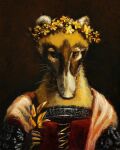  ambiguous_gender anthro biped brown_background brown_eyes clothed clothing coati detailed flower hi_res mammal olivia_beaumont plant procyonid simple_background solo 